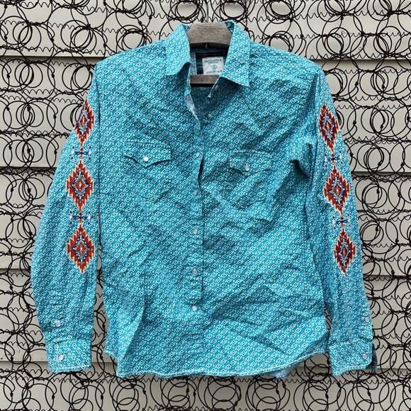 Panhandle Slim Roughstock teal southwestern embroidered sleeve pearl snap shirt - Picture 1 of 5